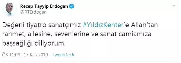 Cumhurbaşkanı Erdoğan'dan, 'Yıldız Kenter' için başsağlığı mesajı Cumhurbaşkanı Erdoğan'dan, 'Yıldız Kenter' için başsağlığı mesajı