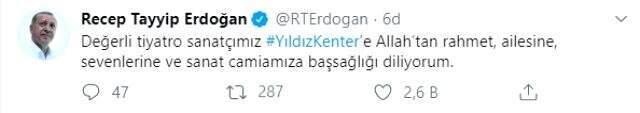 Cumhurbaşkanı Erdoğan'dan Yıldız Kenter paylaşımı: Sanat camiasına başsağlığı diliyorum