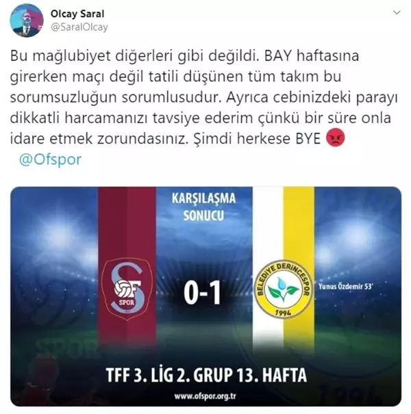 Ofspor Başkanı Olcay Saral, futbolcularını tehdit etti! Ofspor Başkanı Olcay Saral, futbolcularını tehdit etti!