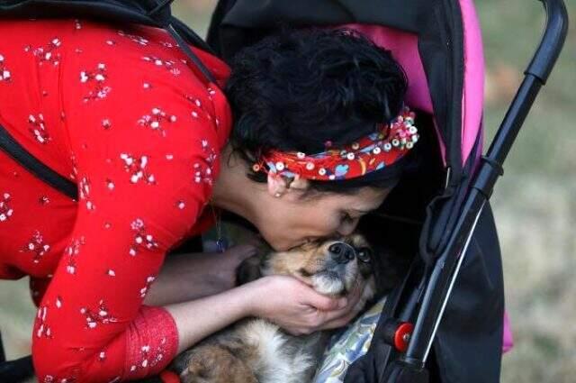 Bursa'da bir kadın, bebek arabasıyla her gün köpeğini gezintiye çıkarıyor