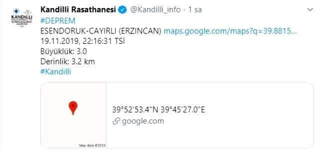 Erzincan'da 3,1 büyüklüğünde deprem