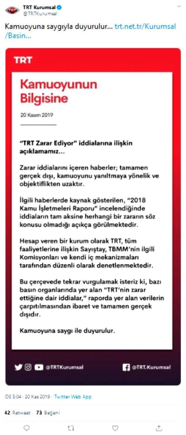 TRT'den 'zarar ediyor' haberlerine yalanlama: Rapordaki veriler çarpıtıldı