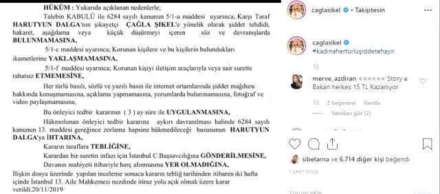 Çağla Şıkel 'Göğüslerini göstermemeyi öğret' diyen Arto için uzaklaştırma kararı çıkarttı
