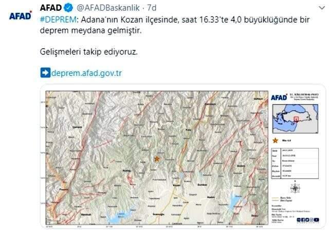Adana'da 4,0 büyüklüğünde deprem meydana geldi