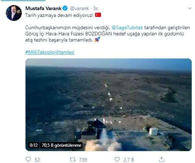 Cumhurbaşkanı Erdoğan'ın müjdelediği hava füzesi Bozdoğan'ın ilk atışı gerçekleştirildi