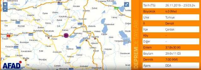 Denizli'de 4 büyüklüğünde deprem meydana geldi