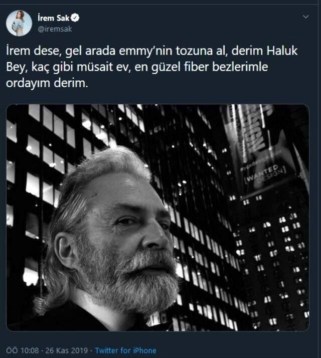 Emmy Ödülü alan Haluk Bilginer'e İrem Sak'tan yorum: Ödülün tozunu almaya gelirim.