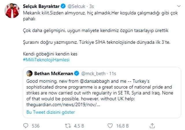 Selçuk Bayraktar'dan The Guardian'ın SİHA iddiasına cevap: Sizden almadık kendimiz ürettik