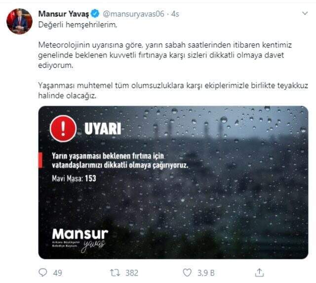 Mansur Yavaş'tan vatandaşlara kuvvetli fırtına uyarısı