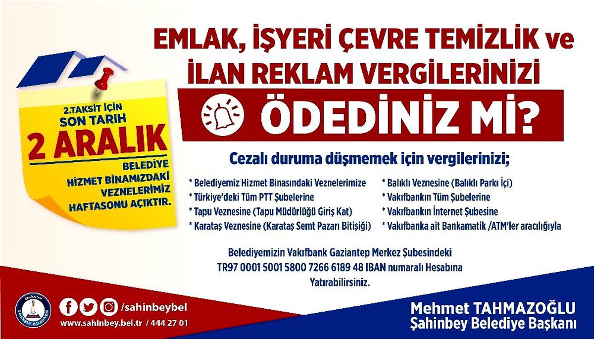 Şahinbey'de vergi hatırlatması