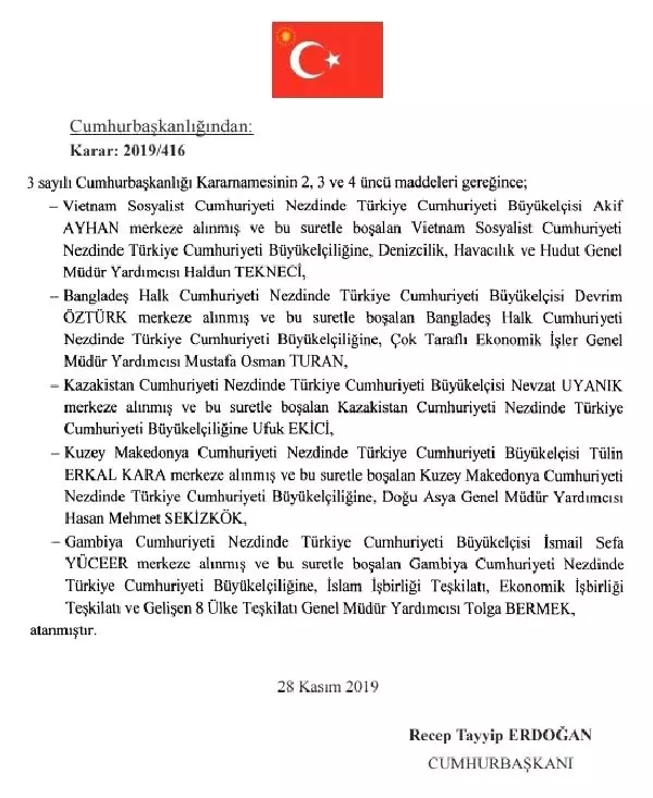 16 ülkeye büyükelçi atandı 16 ülkeye büyükelçi atandı