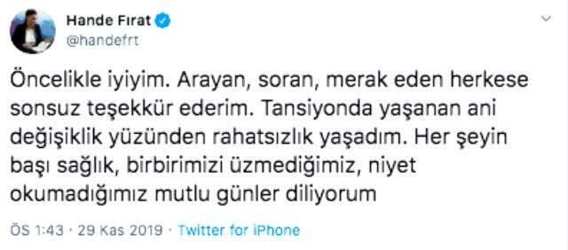 Canlı yayında rahatsızlanan Hande Fırat'tan 'İyiyim' mesajı