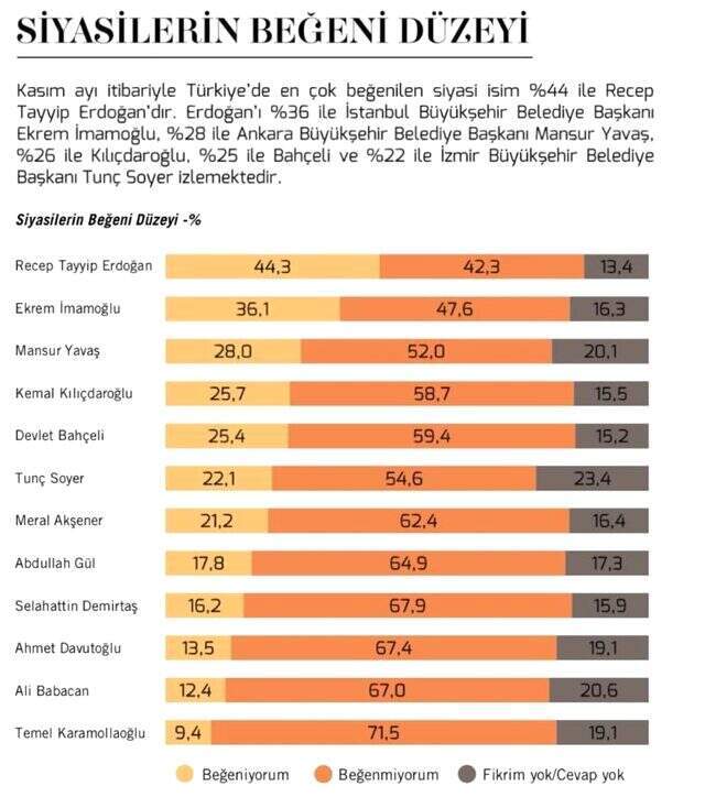 Metropoll'ün anketine göre Türkiye'de en çok beğenilen siyasetçi Recep Tayyip Erdoğan oldu