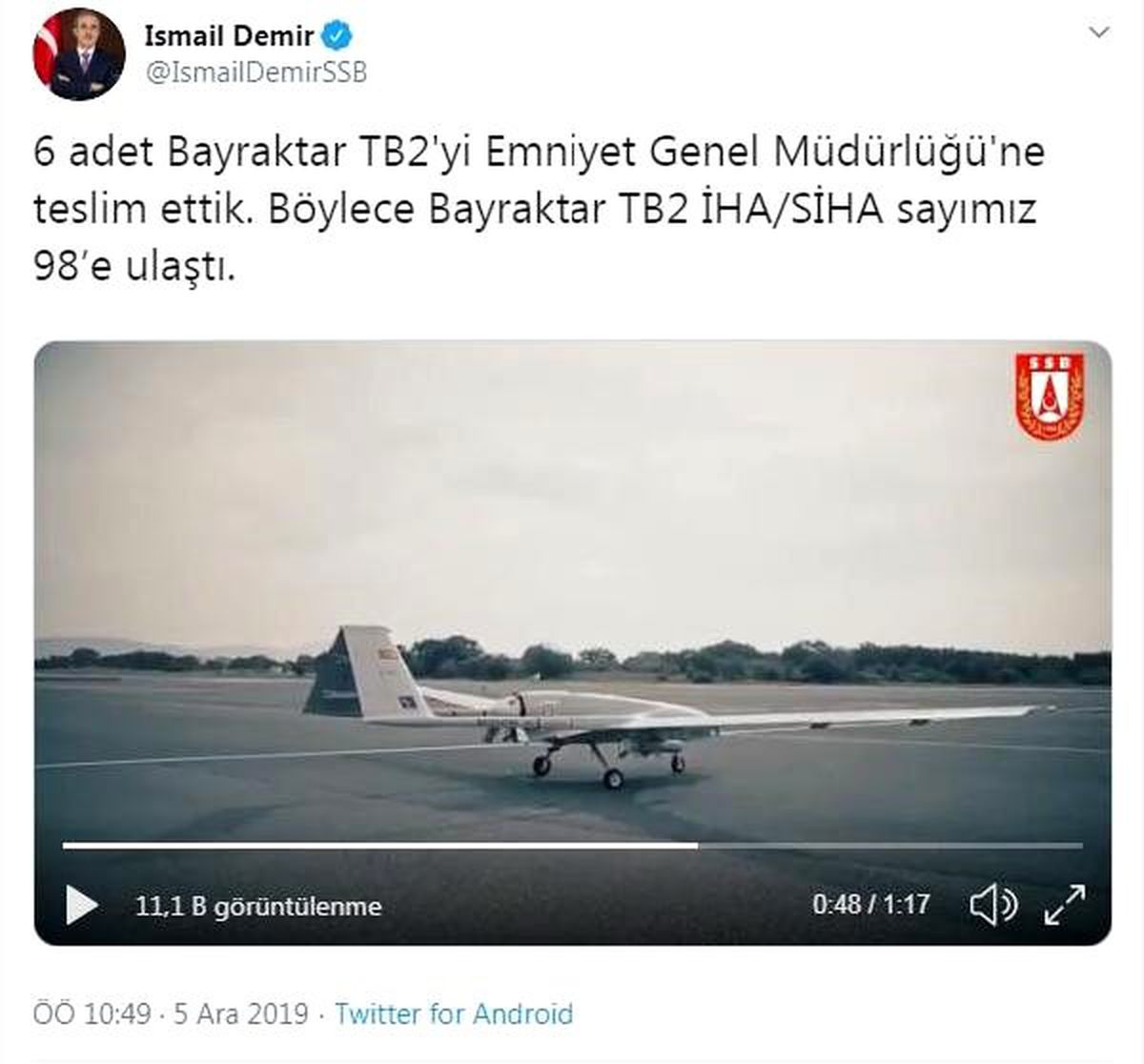 EGM'ye 6 adet 'Bayraktar TB2' teslim edildi