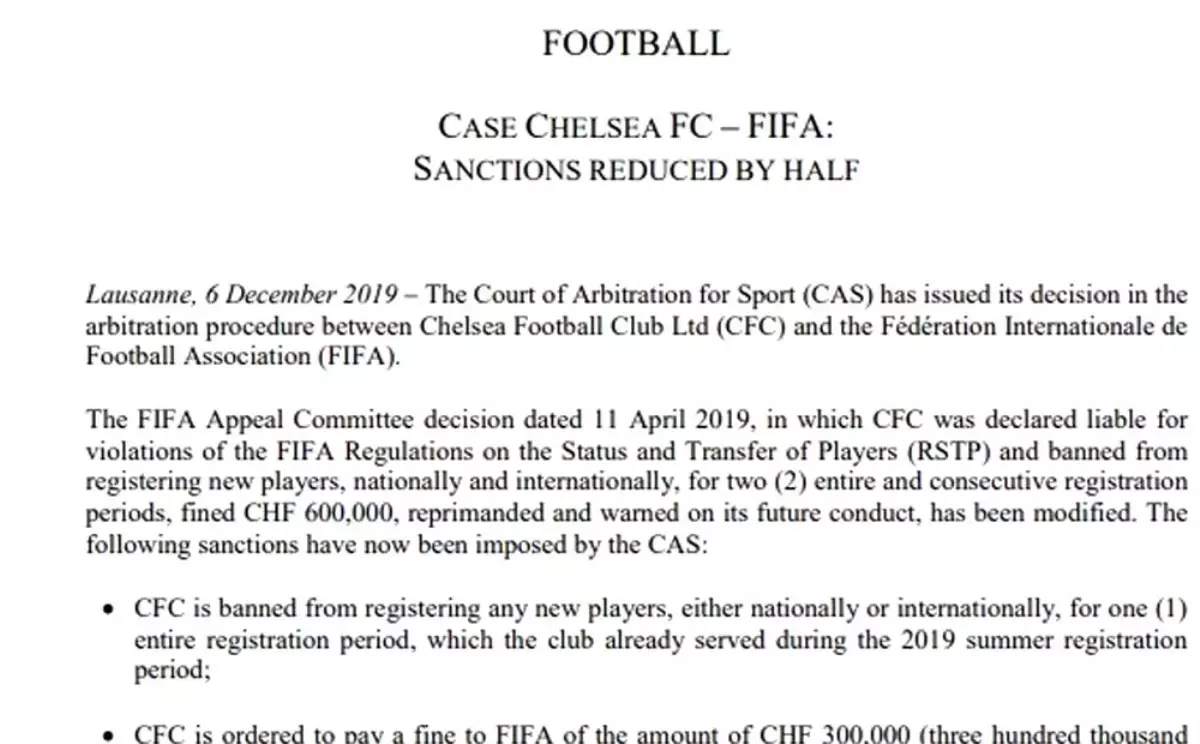 Chelsea'ye CAS'tan müjdeli haber