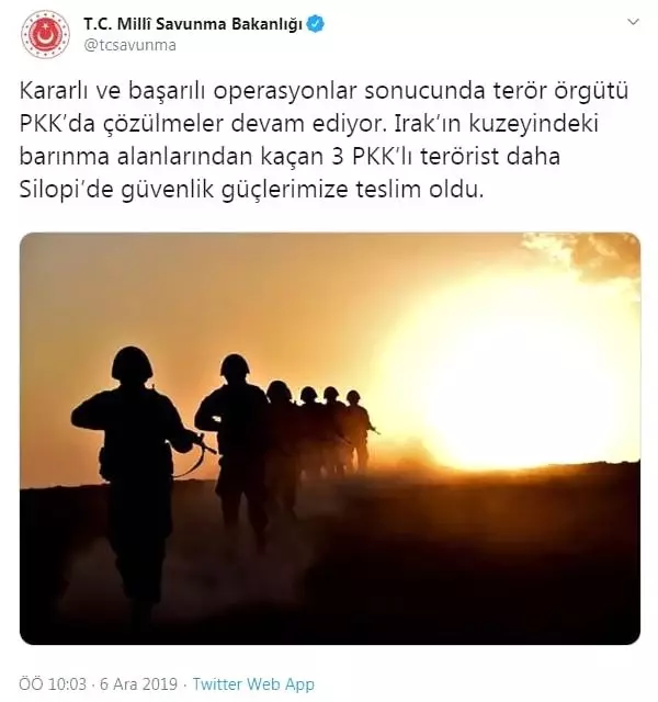 MSB: 3 PKK'lı terörist teslim oldu