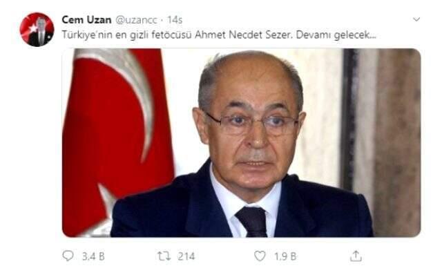 Cem Uzan'ın 'En gizli FETÖ'cü Ahmet Necdet Sezer' paylaşımı sosyal medyada olay oldu,