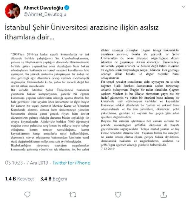 Ahmet Davutoğlu'ndan Cumhurbaşkanı Erdoğan'a İstanbul Şehir Üniversitesi yanıtı