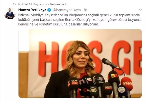 Kayserispor Kulüp Başkanı Berna Gözbaşı'ya tebrik yağıyor