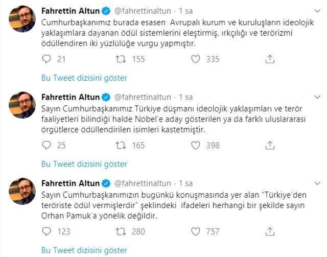 İletişim Başkanı Fahrettin Altun: Cumhurbaşkanı Erdoğan'ın sözleri Orhan Pamuk'la alakalı değil
