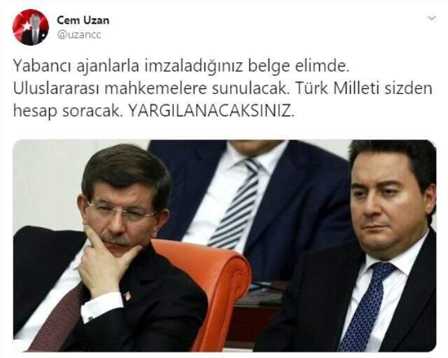 Davutoğlu ve Babacan'ın fotoğrafını paylaşan Cem Uzan'dan yeni iddia: Belgeler elimde yargılanacaksınız
