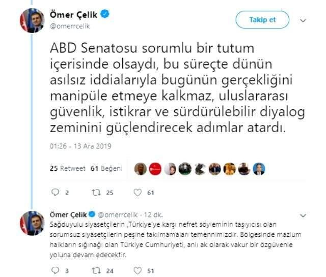 ABD Senatosu'nun 'soykırım' kararına bir tepki de Ömer Çelik'ten geldi