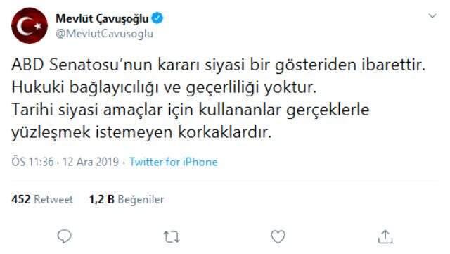 Çavuşoğlu'ndan ABD Senatosu'nun kararına tepki: Hukuki bağlayıcılığı ve geçerliliği yoktur