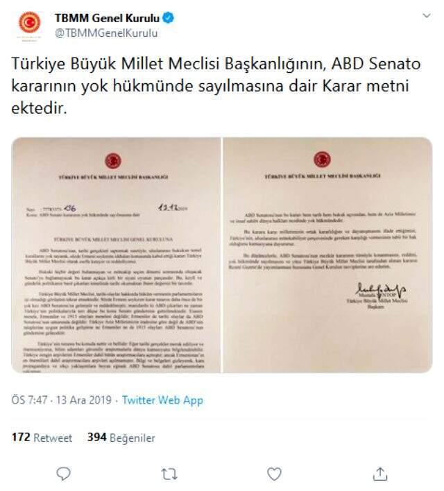 Son Dakika: TBMM Genel Kurulu'nda 4 parti ABD Senatosu Ermeni kararını kınadı ve reddetti