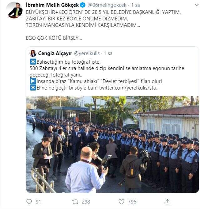 Gökçek'ten 500 zabıtayı sıraya dizdiği iddia edilen İmamoğlu'na 'ego' çıkışı