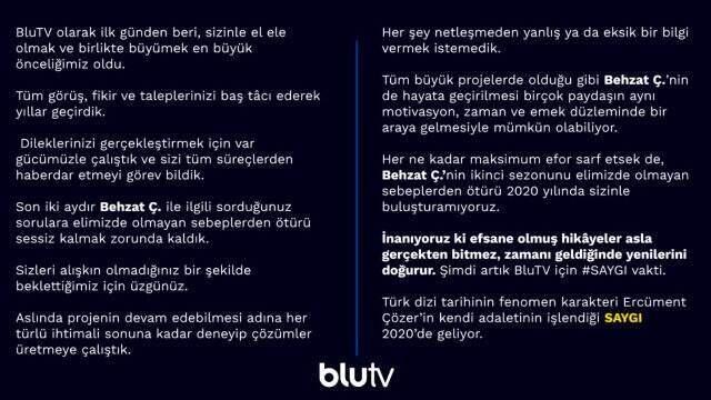 BluTV'den Behzat Ç. açıklaması: 2020 projeleri arasında yer almıyor