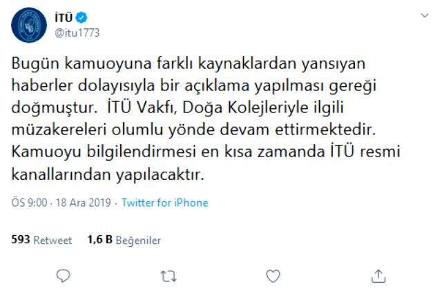 İTÜ Vakfı'ndan Doğa Koleji'yle ilgili açıklama: Müzakereler olumlu yönde devam ediyor
