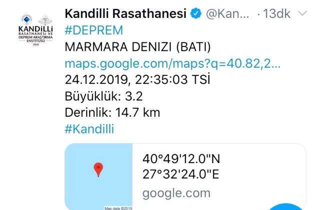 Marmara Denizi'nden 3.2 büyüklüğünde deprem oldu