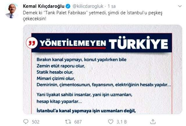 CHP Lideri Kılıçdaroğlu'ndan Kanal İstanbul paylaşımı