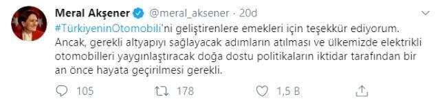 Meral Akşener'den yerli otomobil paylaşımı: Gerekli altyapıyı sağlayacak adımlar atılmalı.