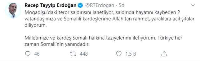 Cumhurbaşkanı Erdoğan'dan Somali'deki terör saldırısına ilişkin açıklama: Türkiye her zaman Somali'nin yanındadır