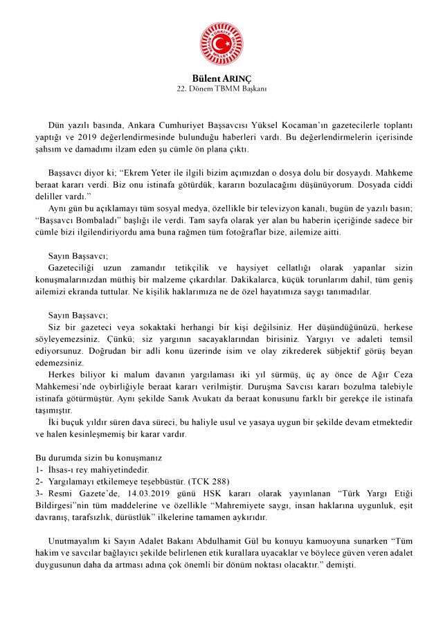 Bülent Arınç'tan Ankara Cumhuriyet Başsavcısı Yüksel Kocaman'ın damadı ile ilgili açıklamalara yanıt