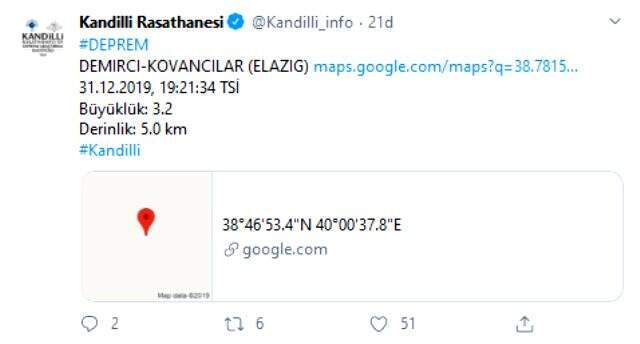 Elazığ'da 3.2 şiddetinde deprem meydana geldi