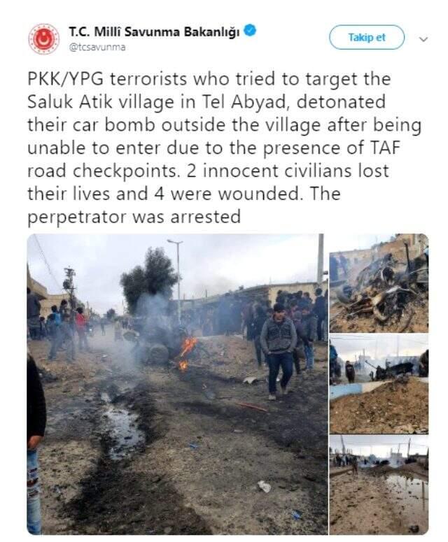 MSB: Tel Abyad'da teröristlerin bombalı araç saldırısı sonucu 2 sivil hayatını kaybetti, 4 sivil yaralandı.
