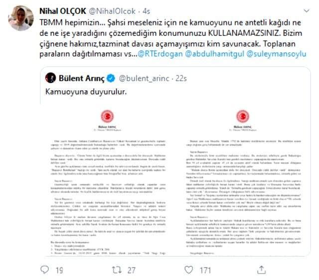 Nihal Olçok'tan Bülent Arınç'a: Şahsi meseleniz için ne antetli kağıdı ne de konumunuzu kullanamazsınız