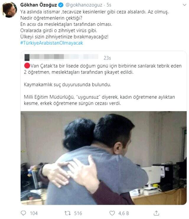 Gökhan Özoğuz, birbirlerine sarılan iki öğretmene verilen cezaya tepki gösterdi