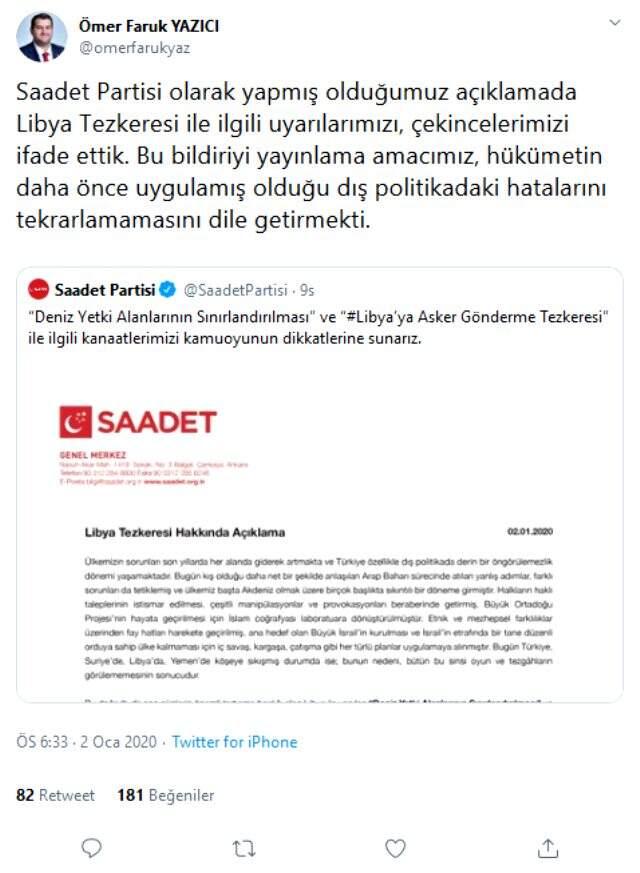 Saadet Partisi, Libya tezkeresindeki tutum değişikliğinin nedenini açıkladı: Hükümetten geri dönüş almadık