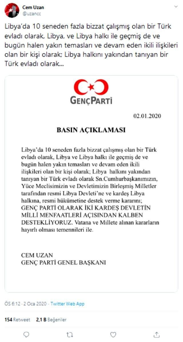 Genç Parti adına konuşan Cem Uzan, Libya kararını açıkladı