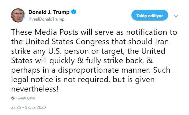 Son dakika: ABD Başkanı Trump: İran herhangi bir ABD varlığını hedef alırsa, orantısız bir şekilde cevap vereceğiz.