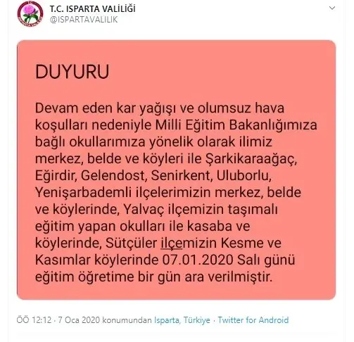 Isparta ve 8 ilçesinde okullara kar tatili Isparta ve 8 ilçesinde okullara kar tatili