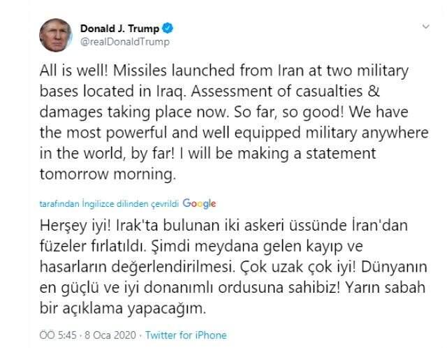 İran'ın füze saldırısı sonrası Trump'tan ilk açıklama: Her şey yolunda