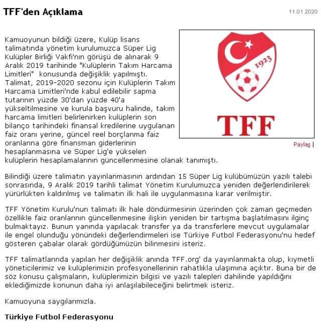 TFF'den kulüplerin takım harcama limitleri konusunda açıklama