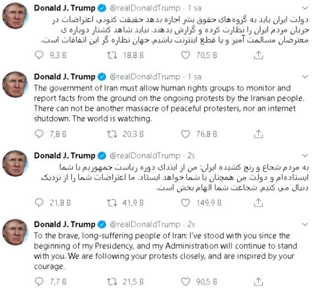 Trump, İran'daki rejim karşıtlarına Farsça mesaj gönderdi