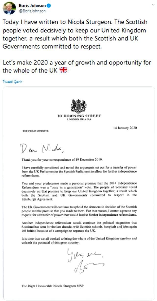 Johnson, İskoçya'da bağımsızlık referandumu talebini reddetti