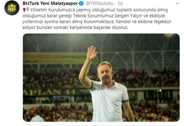 Yeni Malatyaspor'da Sergen Yalçın ile yollar ayrıldı