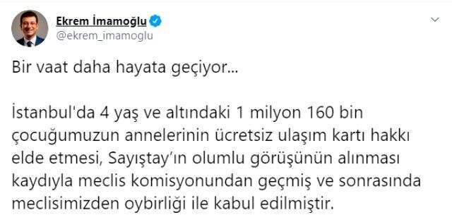 İmamoğlu'nun seçim vaadi olan 'anneler için ücretsiz ulaşım uygulaması' hayata geçiyor.